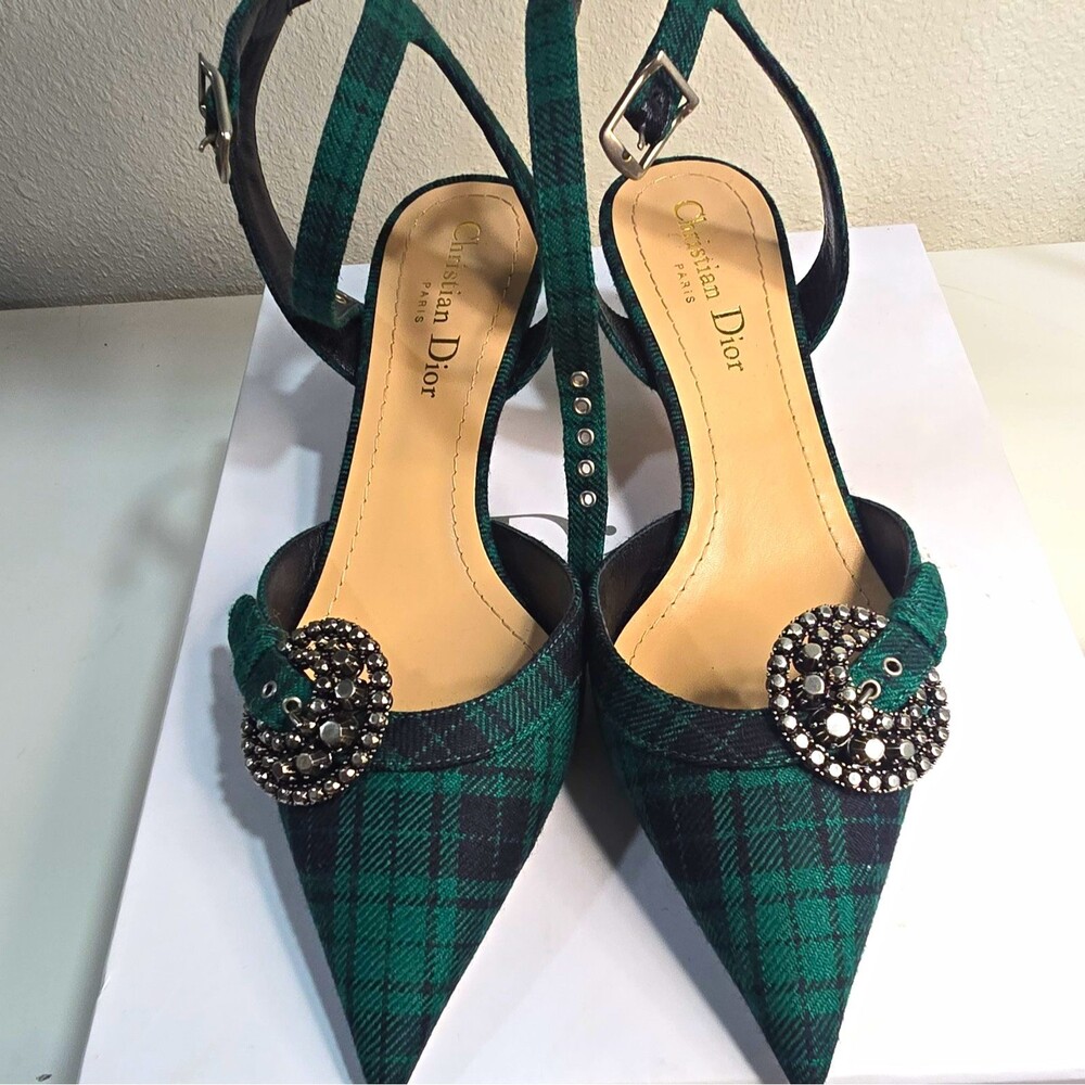 Christian Dior Green/Black Plaid Fabric Slingback Pointed Toe Buckle EU 37